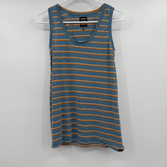 Prana Top Women Small Blue Cozy Up Tank Hemp Blend Orange Striped Sleeveless - Picture 1 of 12